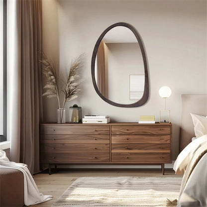 "Asymmetrical Walnut Wood Wall Mirror (Pebble Shape)
