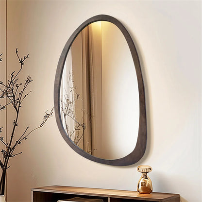 "Asymmetrical Walnut Wood Wall Mirror (Pebble Shape)