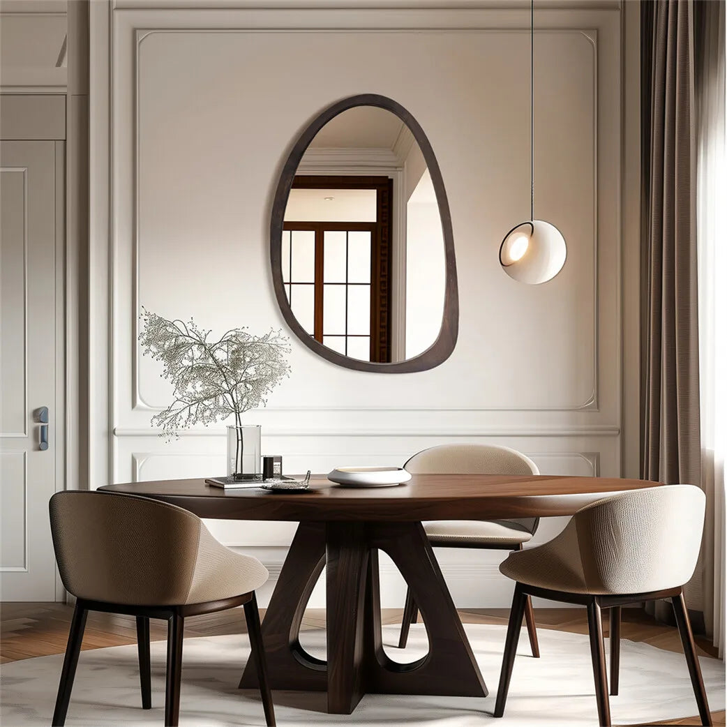 "Asymmetrical Walnut Wood Wall Mirror (Pebble Shape)