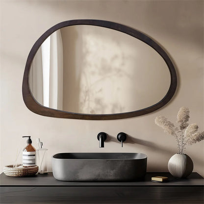 "Asymmetrical Walnut Wood Wall Mirror (Pebble Shape)