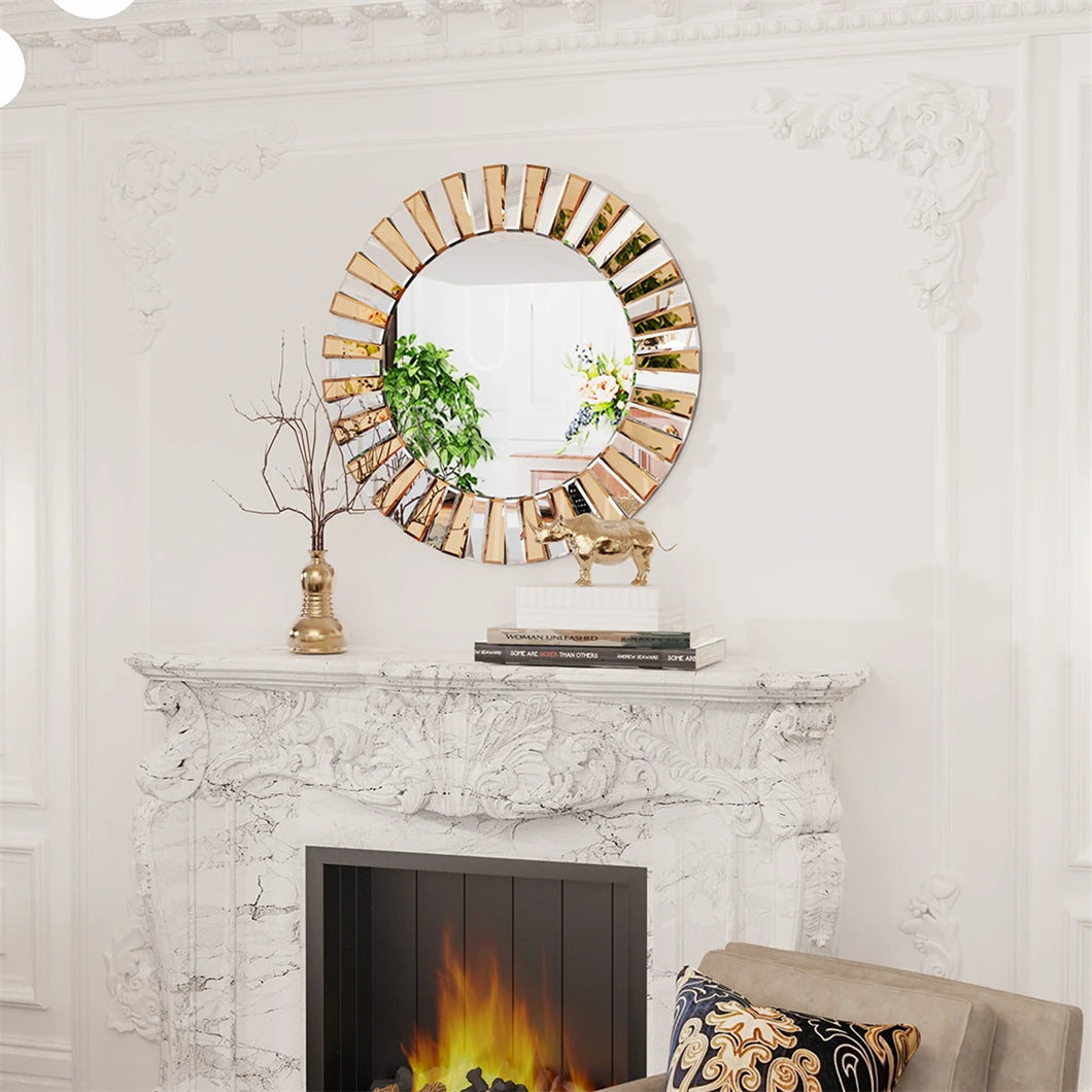 Round Two-Tone Sunburst Wall Mirror (Silver & Bronze Glass)