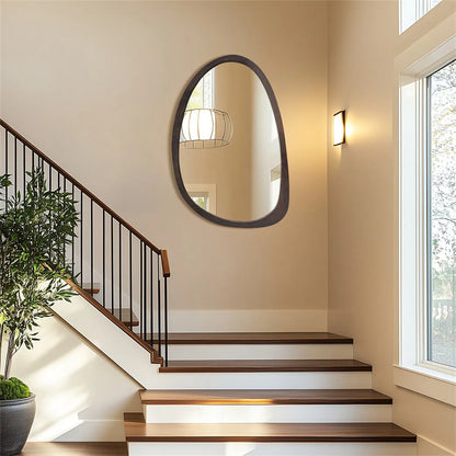 "Asymmetrical Walnut Wood Wall Mirror (Pebble Shape)