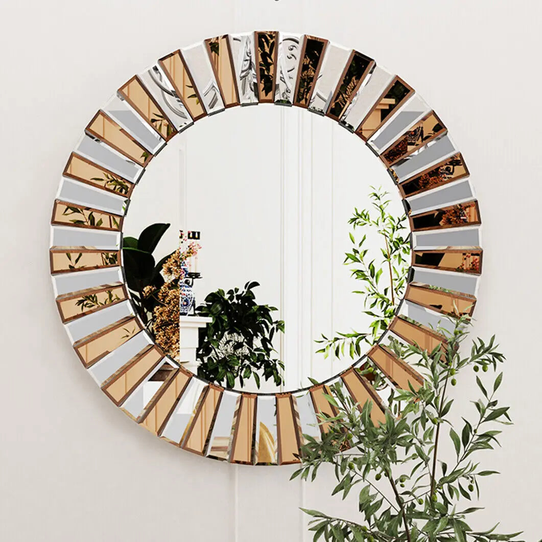 Round Two-Tone Sunburst Wall Mirror (Silver & Bronze Glass)