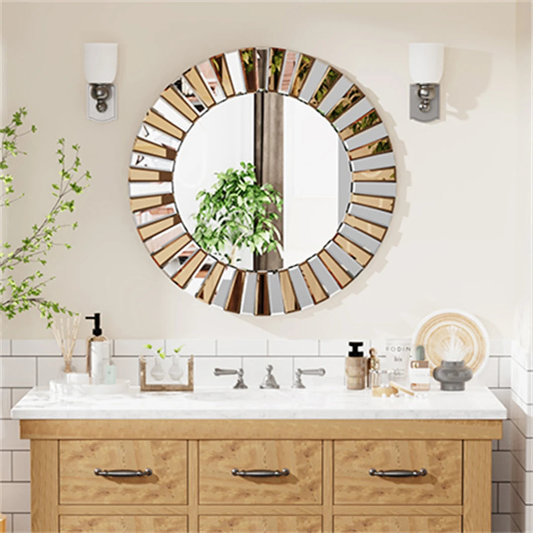Round Two-Tone Sunburst Wall Mirror (Silver & Bronze Glass)