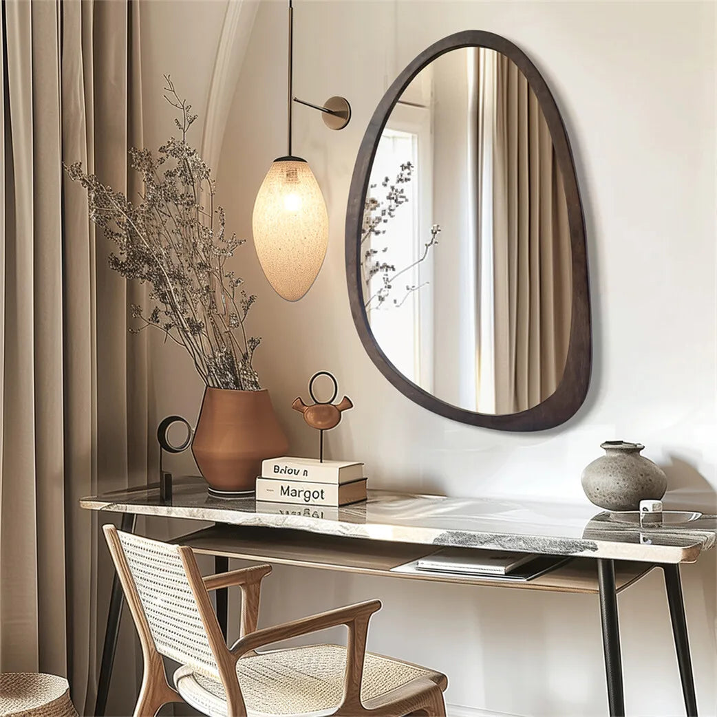 "Asymmetrical Walnut Wood Wall Mirror (Pebble Shape)