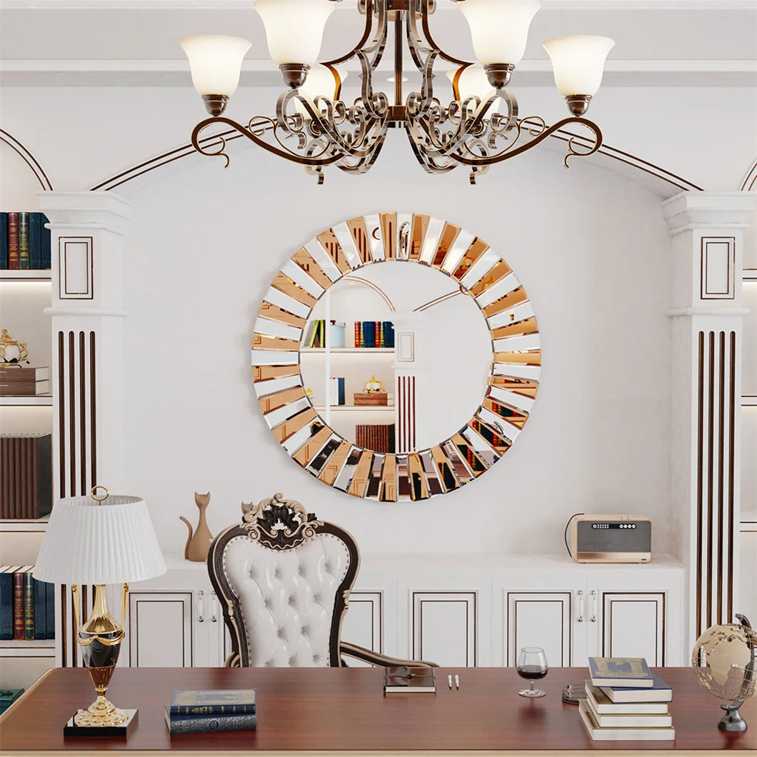 Round Two-Tone Sunburst Wall Mirror (Silver & Bronze Glass)