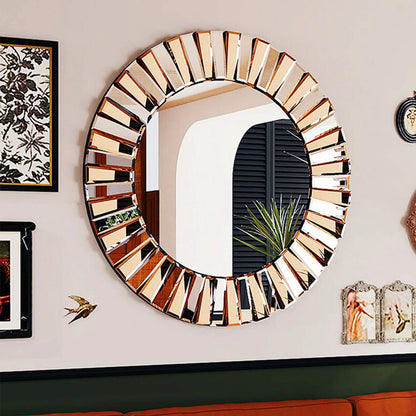 Round Two-Tone Sunburst Wall Mirror (Silver & Bronze Glass)
